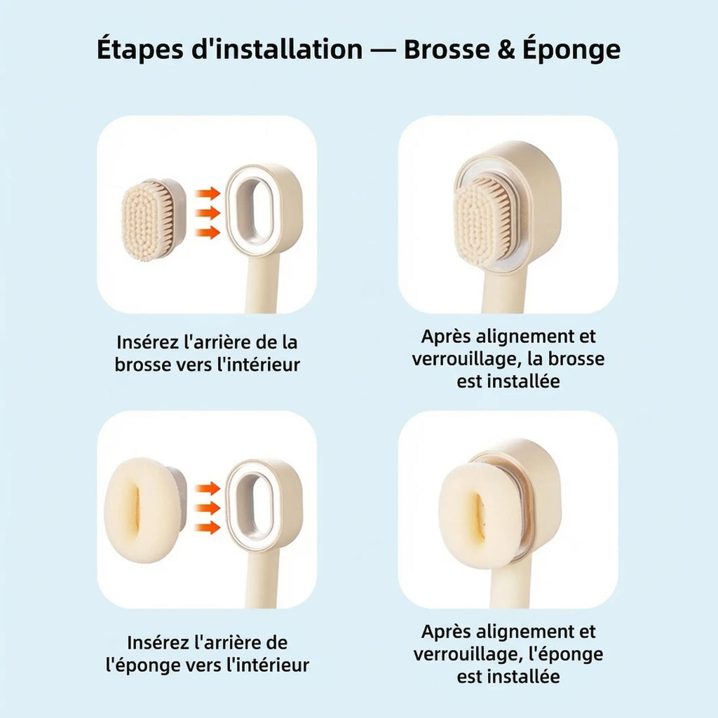 Brosse de douche magnétique 2-en-1 exfoliante Douchalys – en situation dans la douche